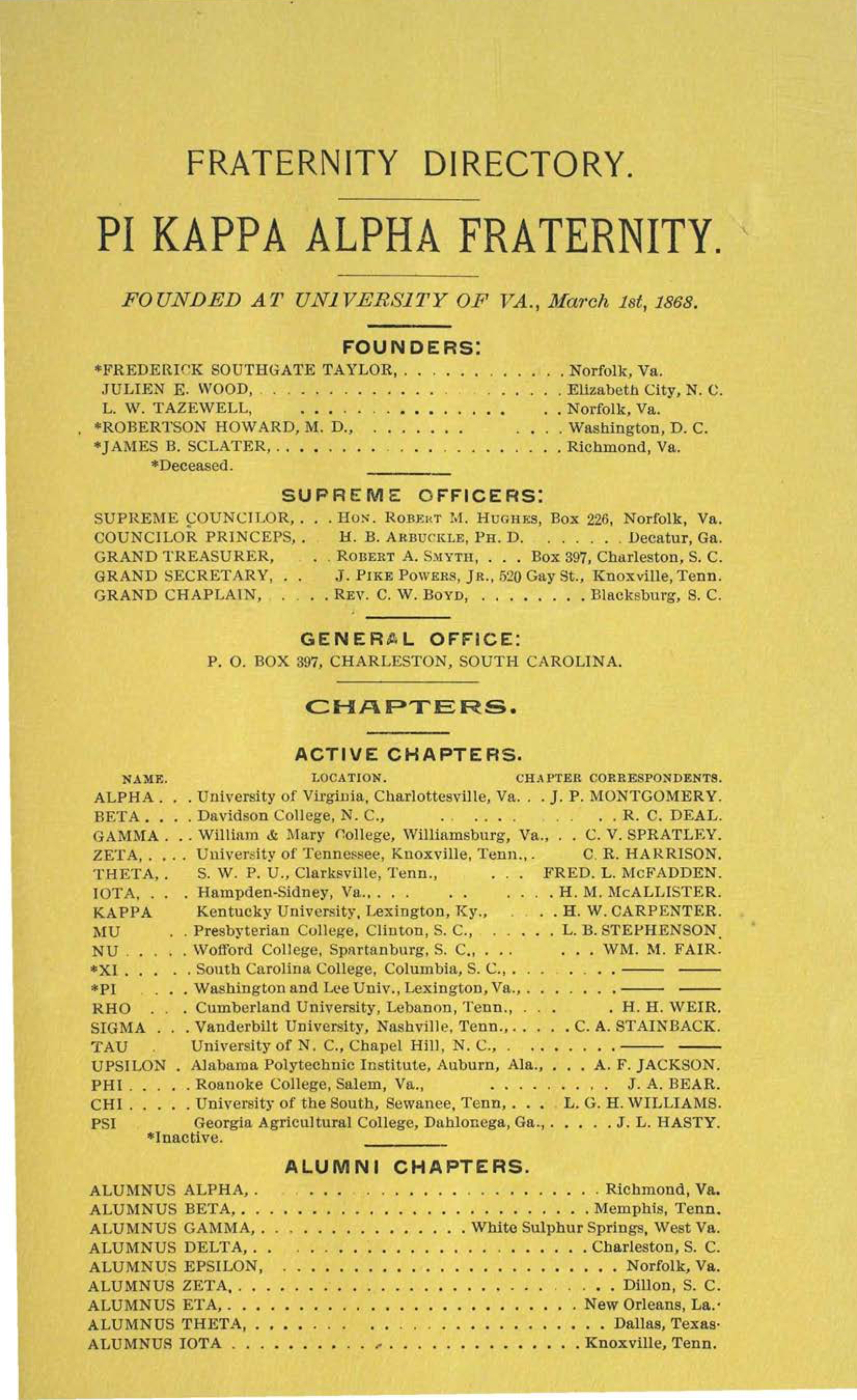 Pi Kappa Alpha Fraternity Directory, February 1901